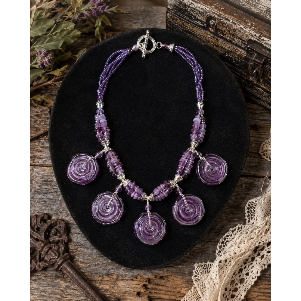 Artisan Purple Glass Swirl Disc Multi Strand Beaded Toggle Statement Necklace